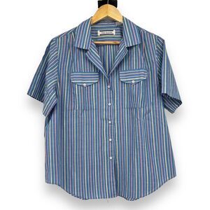 Vtg. Dana Alexander Button up Blouse Women's 16 Stripped Blue Short Sleeve